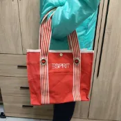 【ESPRIT】***帆布袋***休閒 方形 收納 手提袋 輕便 針織 休閒 托特 二手 經典 紅白 OZOC