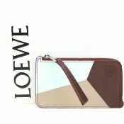 【LOEWE 羅威】Puzzle 撞色拼圖切線小牛皮卡片夾/零錢包-冰凍色x深勃根地紅