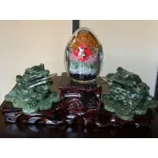★青玉三腳咬錢蟾蜍+五行水晶蛋開運組★~財源廣進大吉大利~(有附官帽底座)