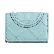 【TORY BURCH】TORY BURCH Fleming圓形浮雕LOGO小牛皮菱格紋3卡壓釦式三折短夾(小/薄霧藍綠)