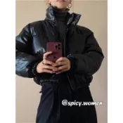 【現+預】Zara同款🔥 歐美 黑色仿皮短版羽絨外套 顯瘦 加厚麵包服外套 寬鬆保暖麵包服 立領寬鬆短版棉保暖外套
