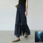 ⭐限時下殺⭐韓系褲子女 大碼女裝 休閒慵懶風 藏青色夏日薄款喇叭褲女2026新款高腰垂墜感顯瘦氣質雪紡闊腿褲子