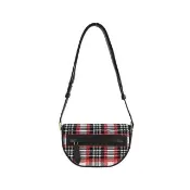 【BURBERRY 巴寶莉】Olympia經典格紋帆布翻蓋斜背包(紅X黑)
