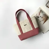經典拼色小托特包 / 手提袋 / 便當袋 / 米白+豆沙紅
