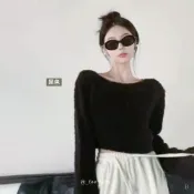 (店+)【FEE BABY】圓領絨毛感羊羔毛柔軟針織短版毛衣 針織衫 針織毛衣 針織上衣 毛衣 寬鬆 女上衣 杏色 粉色 藍色(偏灰色) 白色 黑色