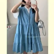 【Want-Meow】90公斤可穿/寬鬆V領顯瘦牛仔蛋糕裙吊帶裙連身長洋長裙洋裝(大碼/大尺碼/加大碼/孕婦裝/洋裝)