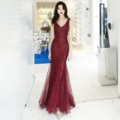  💖美熙💖紅色晚 禮服 女2024新款 宴會  氣質 性感夜氣場女王酒紅色亮片魚尾 禮服 