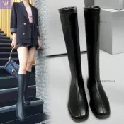 W&S家【硬皮挺版】歐美3公分粗跟小方頭中筒靴 不過膝長靴 側拉鍊 韓版復古英倫方頭彈力超纖軟皮瘦腿靴子 高幫女靴