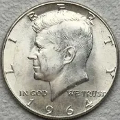 美國1964年肯尼迪50分銀幣直徑30.6mm克重12.5g銀，原光好品-39587