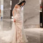 蕾絲輕婚紗新娘氣質長婚紗 輕奢高級感進場白紗 長袖韓系迎賓紗拖尾 新娘蕾絲一字領魚尾禮服