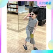 【米貝果果】時髦新款夏季女童純棉洋裝 洋氣露背女童無袖背心 吊帶素色喇叭褲套裝潮