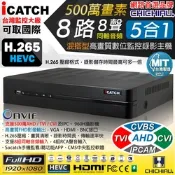 奇巧 H.265 8路8聲同軸音頻 500萬 AHD TVI CVI 1080P台製iCATCH數位高清遠端監控錄影主機