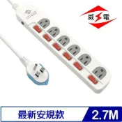 良興EcLife購物網 威電 CK3663-09 6開6插 薄型插頭電源延長線 9尺 2.7M