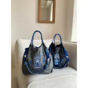 日系新款青花瓷刺繡尼龍包女大容量斜背包袋購物袋抽繩束口包