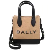 【BALLY】BAR XS 品牌LOGO帆布皮革拼接手提包肩背包(卡其/黑)