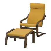 【IKEA 宜家家居】POÄNG 扶手椅附椅凳，胡桃木紋/kelinge 深黃色