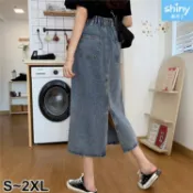 韓範清新．高腰單釦包臀鬆緊後開叉牛仔長裙 - shiny藍格子【V3839】