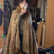 喜迎瑤 尼泊爾 克什米爾 水煮羊毛 手工 刺繡 狐狸毛領 披肩 圍巾