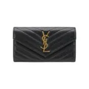 二手品 YSL Monogram V字縫線魚子醬牛皮金釦手拿信封長夾(372264-黑)