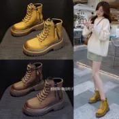 34-40碼韓版女鞋真皮馬丁靴女2025新款厚底內增高8cm短靴復古機車靴歐美皮面短筒工裝靴英倫風百搭女大黃靴大頭靴子