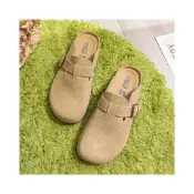 (店+)勃肯鞋女真皮牛皮包頭半拖拖鞋春秋厚底博肯鞋可調金屬扣絨感牛皮鞋面軟木鞋床緩壓舒適耐磨防滑平底大碼可選居家外出兩穿復古質感通勤逛街女士休閒穆勒包頭半拖涼拖鞋