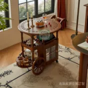 可開發票 美式柚木折疊推車 茶幾 帶移動滾輪原木風擺放桌麵20mm厚手掃漆歐式 茶几 黑色茶几 客廳桌子