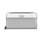 【KATE SPADE】Kate Spade STACI銀字LOGO拉鍊防刮牛皮拼色設計12卡長夾(雨雲灰x白)