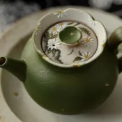 🌈茶杯茶壺🌈元野集小青柑撒金陶瓷茶壺浮雕風手繪雛菊家用茶壺功夫茶具手執壺茶杯 茶具 煮茶壺 陶瓷茶具 茶具套裝