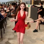 IELGY 掛脖吊帶紅色洋裝露背短裙