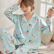 (店+)【Annita】現貨前開扣式 草莓藍棉質寬鬆居家服睡衣可當哺乳式睡衣 兩件式套裝/連身睡衣/居家服/長袖/可當哺乳睡衣