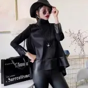 【巴黎精品】現貨+預購 皮衣外套真皮夾克(羊皮拼接歐銀紗立領女外套黑色a1iw30)