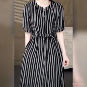 性感減齡洋裝|遮肚媽媽裝|氣質媽媽洋裝|時尚連身裙|洋裝 媽媽夏季短袖大擺裙清涼透氣條紋係帶連衣裙中老年寬鬆時尚中長裙