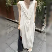 仿亞麻V領扭結無袖長洋裝女 遮肉顯瘦不貼身 夏季雙層蕾絲寬鬆長裙 海島渡假穿搭 氣質洋裝 透氣長裙 純色背心裙