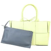 【BOTTEGA VENETA 寶緹嘉】BV Arco 小款 寬編織小羊皮托特包 附萬用包-黃綠色