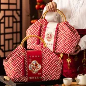 限時促銷2026新款紅色年貨禮盒包裝 手提竹編籃子 新年春節送禮堅果包裝盒空