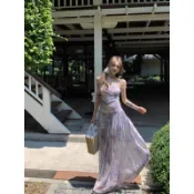 【Aria】褶皺碎花辣妹露背掛脖連衣裙女 夏季度假網紗長裙顯瘦收腰a字裙子 連身裙 洋裝女 連身裙女 連衣裙 連衣裙女