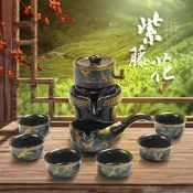 48h出貨丶陶瓷自動功夫茶具套裝鎏金堆花創意石磨旋轉出水懶人防燙logo