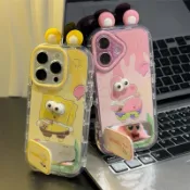 可愛大眼派大星 適用 17Pro手機殼 iPhone 16 15 14 13 12 11 Pro Max 鏡面支架 情侶