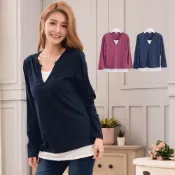 (店+)【衣心衣意】時尚假二件式V領竹節布寬鬆上衣(藍色 葡萄紫A3680)