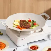 【好玩旅物】34cm_輕量薄型韓式麥飯石圓形雙耳不沾鍋露營燒烤盤(附收納袋｜瓦斯電磁爐通用 無煙煎炒燒烤肉)