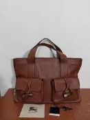 義大利製 Burberry London 格紋 牛角扣 old money 老錢風 真皮 手提包 肩背包