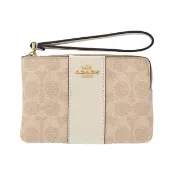 【COACH】掛帶L型拉鍊萬用手拿包(沙色/粉筆白/C Logo PVC/拼接皮革)