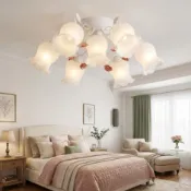 【雨果燈飾 實體門市 附發票】手工陶瓷粉玫瑰花吸頂燈 主燈絲瓜玻璃  6+1燈 /3+1燈 臥室燈 客廳燈 已組裝含分段