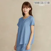 YVONNE 以旺傢飾 【竹纖維】細條紋剪接短袖上衣-藍