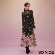SO NICE【特惠】 浪漫鏤空V領領口雪紡花朵印花長洋裝｜都會時尚女裝 【75534007】
