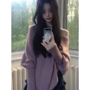 洋氣時髦搭配~ 紫色韻味 設計感蝙蝠袖 一字肩 針織毛衣 藏青色碎花 木耳邊 半身長裙 韓系洋裝 溫柔風套裝 現貨隔日達