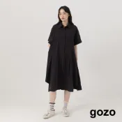 【gozo】➤細條紋不對稱打褶涼感襯衫洋裝(黑色/綠色_F) | 女裝 顯瘦 休閒