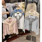 (店+)【TINY GIRLS 太妮絲】現貨 韓系 學院條紋披肩襯衫套裝 線條 條紋 襯衫 長袖襯衫 披肩 校院風OL 正式 面試 綁帶 設計