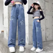 【YAOEENH】100-160CM 春秋款女童刺繡破洞寬褲 中大童直筒寬鬆休閒牛仔褲 現貨 快速出貨