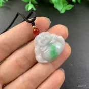【臺灣出貨】天然緬甸翡翠A貨佛公白底青種飄綠大肚佛配繩掛件玉墜笑佛-奢尚匯品